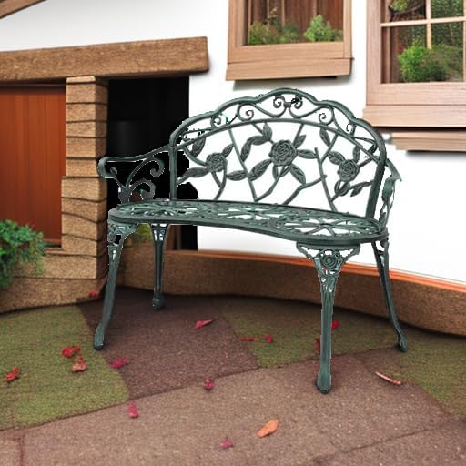 VINGLI 38.5" Patio Park Garden Outdoor Metal Rose Bench, 2-Person Cast I...