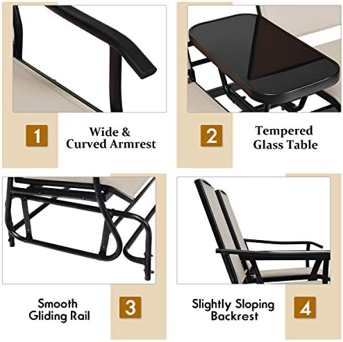 GIANTEX Patio Bench Glider Chair with Metal Frame, Center Tempered Glass Tabl...