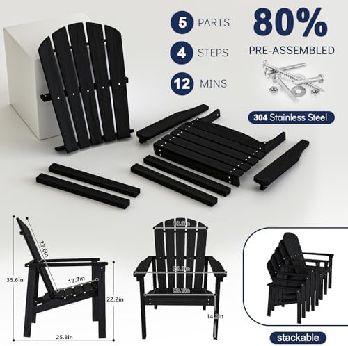 Compact Stackable Adirondack Chairs Set of 4,HDPE,Black | 26.3" Wide HDP...