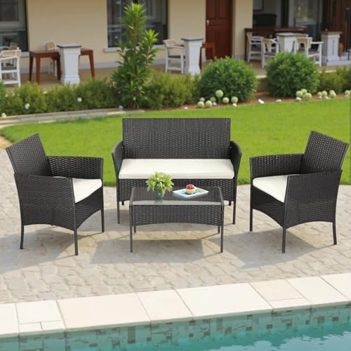 FDW 4-Piece Patio Furniture Set | Black | Outdoor Wicker Furniture