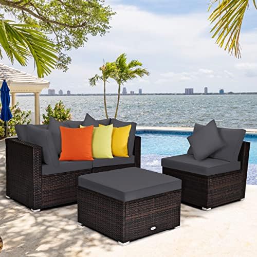 Tangkula 4 Pieces Patio Rattan Sofa Set, Outdoor Wicker Sectional Furniture S...