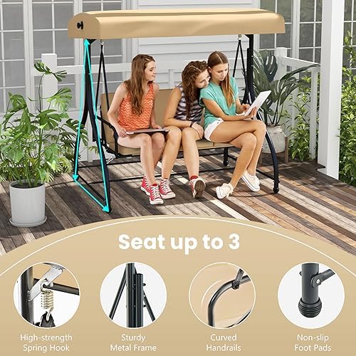 HAPPYGRILL 3 Seat Outdoor Porch Swing with Adjustable Canopy & Foot Pad