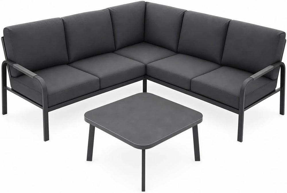 L-Shaped Aluminum Patio Conversation Set Outdoor Sectional Sofa Set, Gray