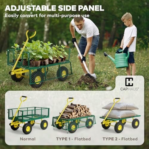 CAPHAUS Metal Green Garden Cart, w/ 180° Adjustable Yellow Handle, w/Mat and ...