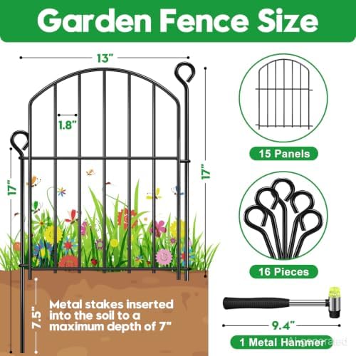 Decorative Garden Fence 17in (H) x15ft (L),Arched Rustproof Metal No Dig