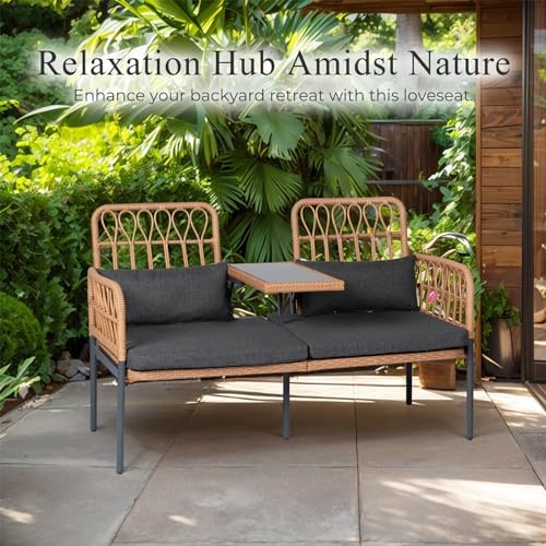PROHIKER Patio Furniture Outdoor Rattan Loveseat 2-Seat with Built-in Table, ...