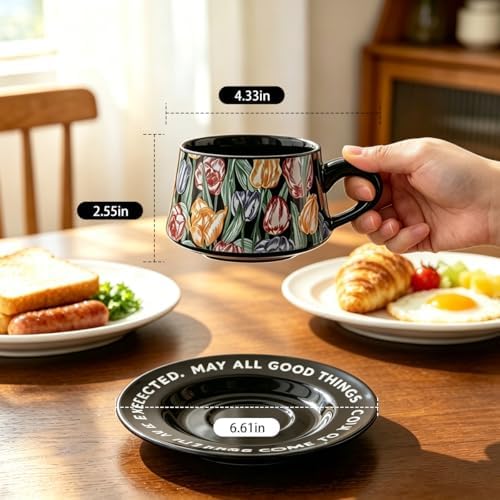 Vintage Coffee Cups and Saucers Set of 2, Black & White, 7 oz