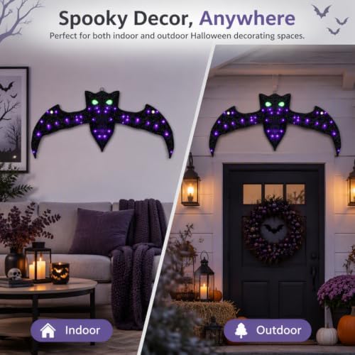 40.9 Inch Lighted Halloween Bat Decoration with Glowing Green Eyes and Purple...