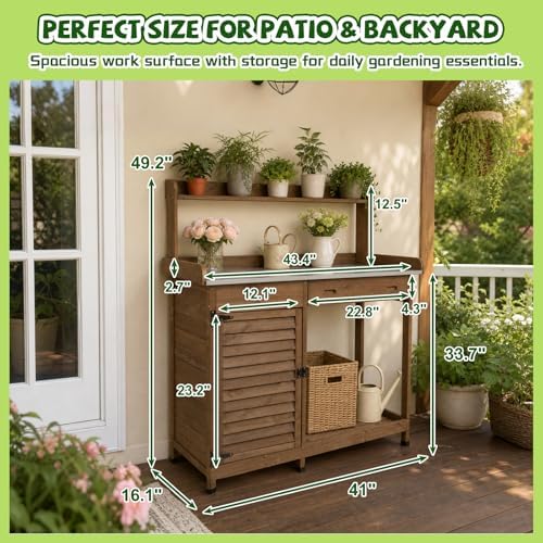 Ketive Outdoor Potting Bench with Storage, 41-Inch Metal Tabletop