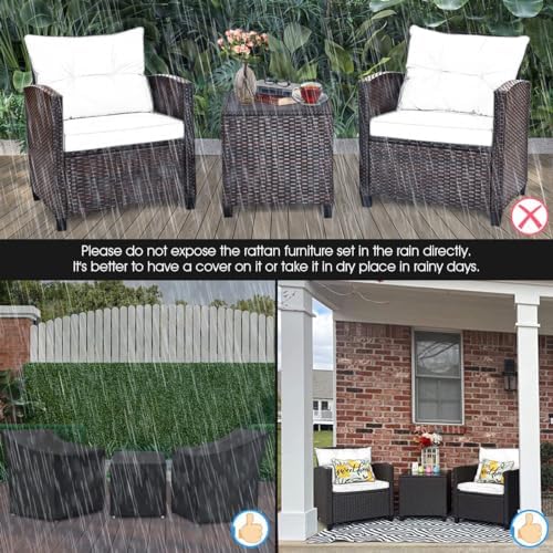 DORTALA Wicker Patio Furniture Set 3 Piece, Outdoor Table and Chairs with Tem...