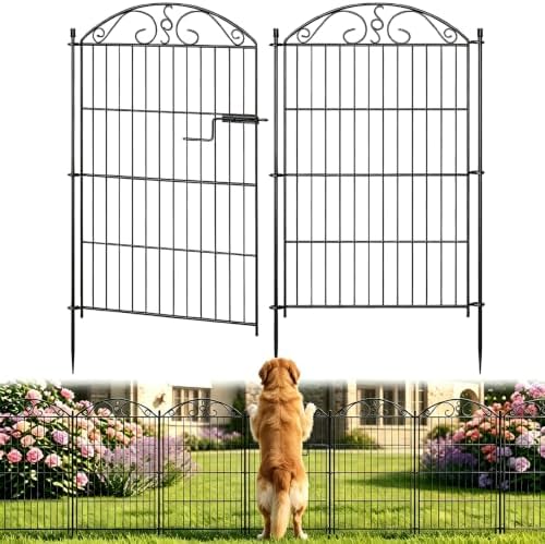 10 Panel No Dig Decorative Garden Fence with Gate 36" H x 23.6'L Dog Barrier, Rustproof Metal Temporary Dog Fence, Decorative Fencing for Flower Bed, Patio, and Pets