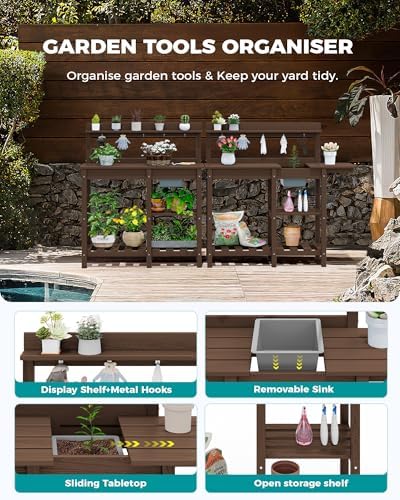 SERWALL Outdoor Potting Bench with Removable Sink,Gardening Table,Coffee