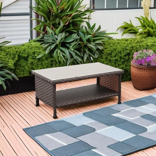Outdoor Wicker Coffee Table Patio Furniture Garden Rattan 2-Layer Glass Table...