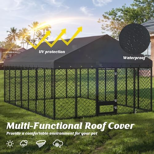 10x14FT Outdoor Dog Kennel with Roof and Feeding Door