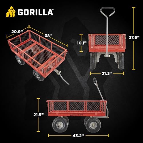Gorilla Carts Steel Utility Garden Cart, 800 lb. Capacity, 4 Cu Ft, Red
