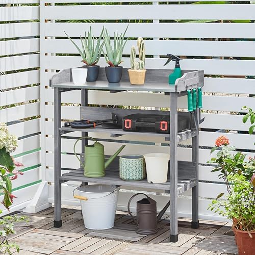 Yaheetech Potting Bench Outdoor Console Table w/3-Tier Storage,Gray