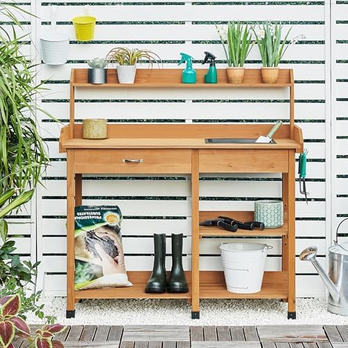 Yaheetech Potting Bench with Sink & Drawer, Outdoor Gardening Table, Wood