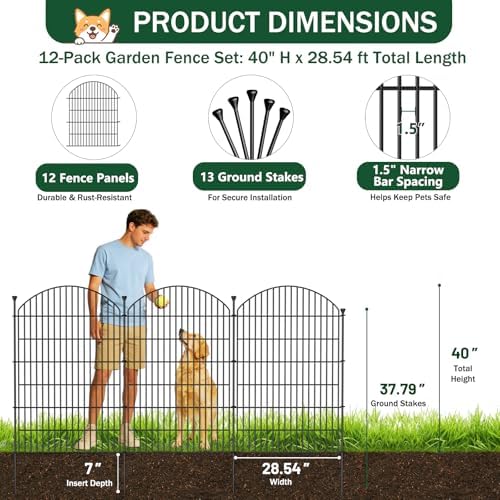 No Dig Garden Fence Panels, Dog Fence Outdoor for Yard, 12 Pack