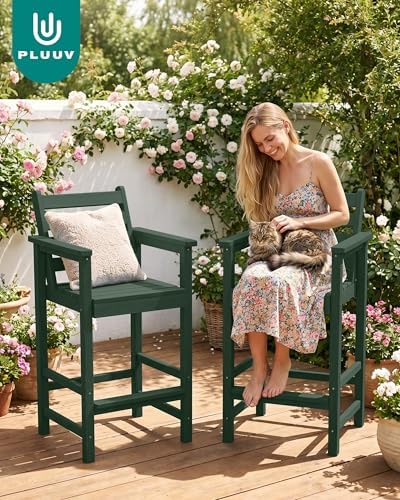 PLUUV All Weather HDPE Adirondack Bar Height Chairs Set of 2,Dark Green