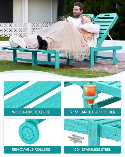SERWALL HDPE Outdoor Chaise Lounge with Cup Holder & Wheels, Aruba