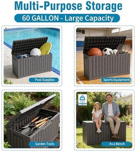 Outdoor Storage Box, 60 Gallon Waterproof Deck Box, Lockable Storage Containe...