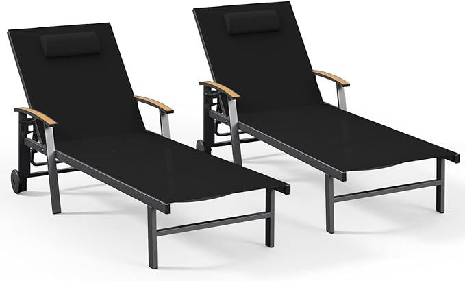 Ciokea Outdoor Lounge Chair with Pillow Set of 2, 5-Position Aluminum Chaise ...
