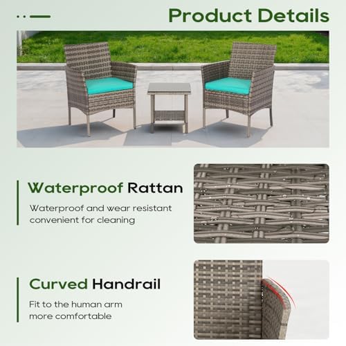 FDW 3-Piece Patio Furniture Set | Gray & Blue | Outdoor Wicker Furniture