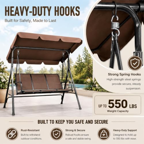 Yaheetech 3-Seat Patio Swing Chair w/Texteline Fabric Ez Setup, Dark Brown