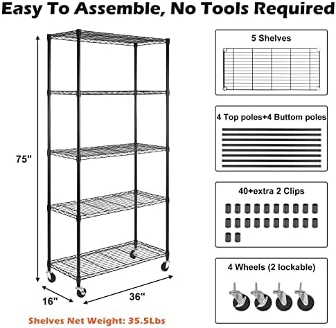 WDT 5 Tier Shelf Shelving Unit with Wheels,Adjustable Metal Shelves for Stora...