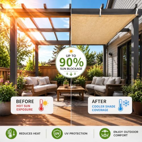 90% Outdoor Sun Shade Cloth, 10’ x 12’, Pergola, Deck, and Backyard Patio Sun...