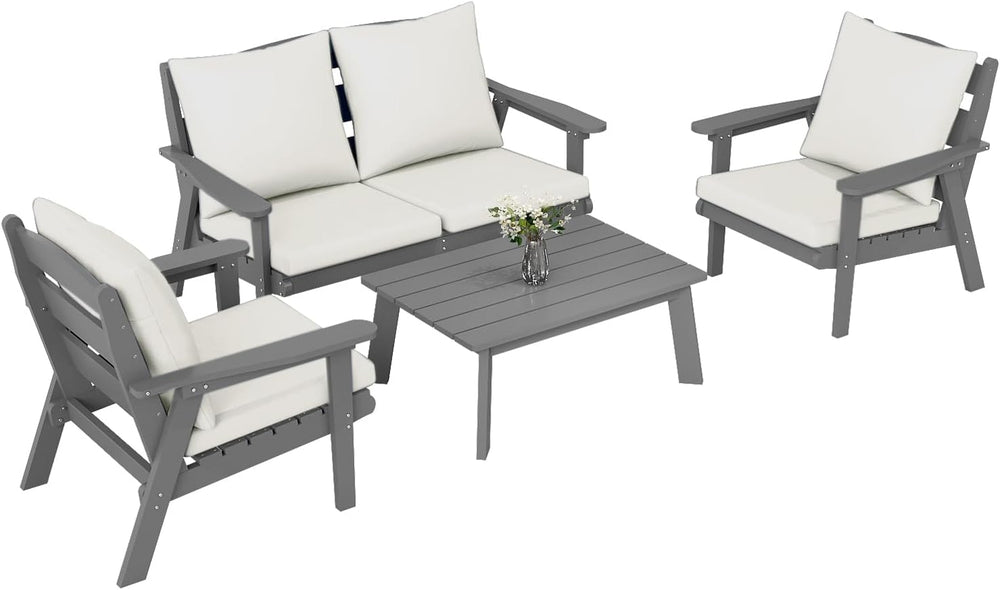 FOOWIN 4-Piece Patio Furniture Set, HDPE All-Weather Outdoor Conversation Set...