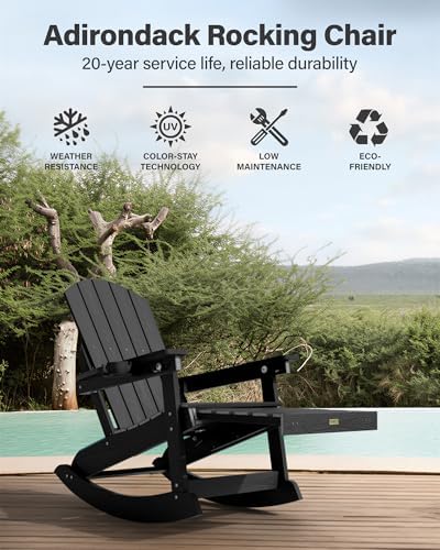 YEFU Adirondack Rocking Chairs Set of 2, with Footrest, All-Weather, Black | ...
