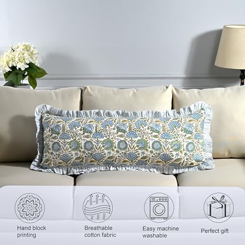 Ridhi Asparagus Green Block Print Ruffle Pillow Sham 36x14 Inch Set of 1