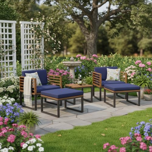 Tangkula 5 Pieces Acacia Wood Patio Furniture Set with Ottomans, Outdoor Conv...