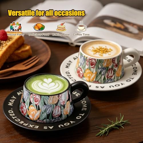 Vintage Coffee Cups and Saucers Set of 2, Black & White, 7 oz