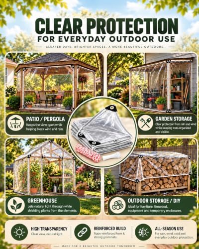 FoundGo Heavy Duty Clear Vinyl Tarp 8x10 ft, PVC Outdoor Curtain, 15 Mil