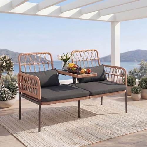 PROHIKER Patio Furniture Outdoor Rattan Loveseat 2-Seat with Built-in Table, ...
