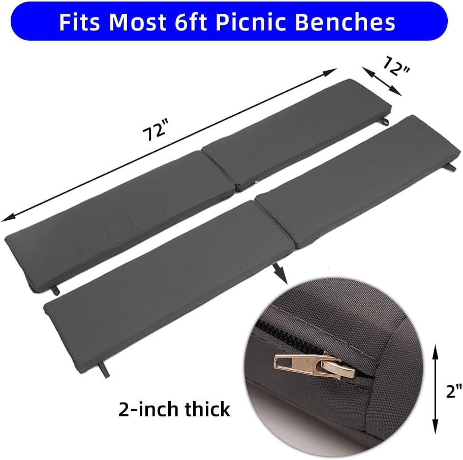 Picnic Bench Cushions 2 Pack, Outdoor Picnic Bench Seat Pads – Water-Resistan...