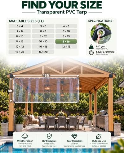 FoundGo Heavy Duty Clear Vinyl Tarp 8x16 ft, PVC Outdoor Curtain, 23 Mil