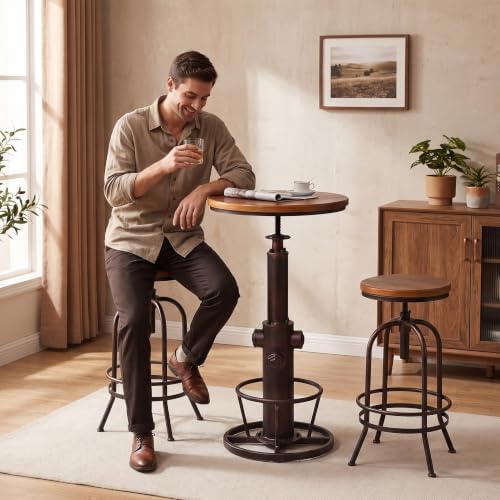 Industrial Bar Table Swivel Round Wooden Top Height Adjustable 38.6-44.4inch ...