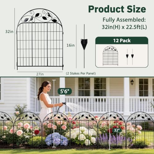 Decorative Garden Fence, 32in H x 12ft L Arched Metal Animal Barrier Fence, R...