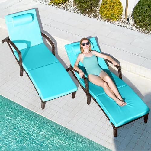 Chaise Lounge Chairs Outdoor Set of 2, Comfy Outside Wicker Patio Pool Lounge...