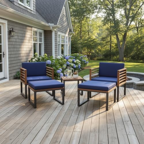 Tangkula 5 Pieces Acacia Wood Patio Furniture Set with Ottomans, Outdoor Conv...