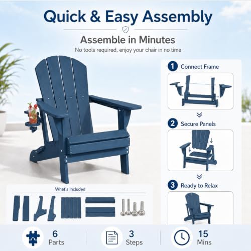 Folding Adirondack Chair with Cup Holder and Phone Holder, Heavy Duty HDPE Pl...
