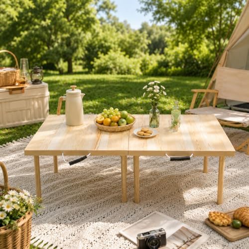 48” x 24” Boho Low Picnic Table, Foldable Solid Wood Picnic Table