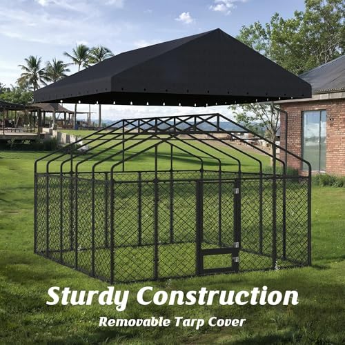 10x14FT Outdoor Dog Kennel with Roof and Feeding Door