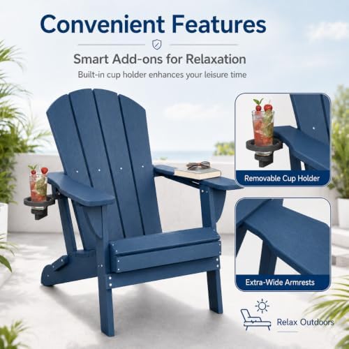 Folding Adirondack Chair with Cup Holder and Phone Holder, Heavy Duty HDPE Pl...
