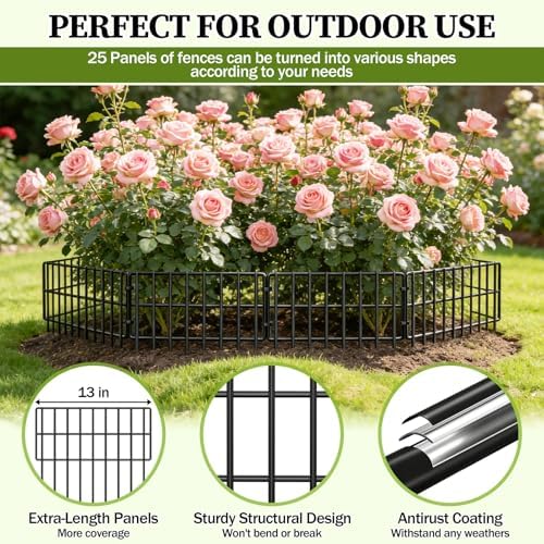17in (H) x 27ft (L) Garden Fence Animal Barrier, 25 Panels Decorative Garden ...
