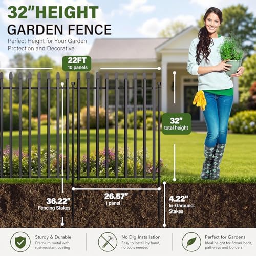 No Dig Decorative Garden Fence, 32in(H)×22ft(L), 10 Panels with Gate