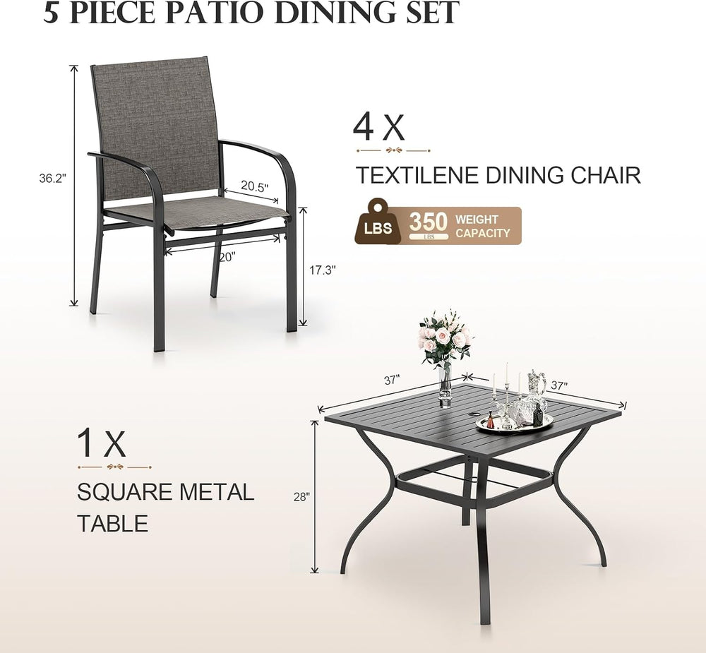 5pc Patio Dining Set for 4, Outdoor Metal Table & Brown Chairs